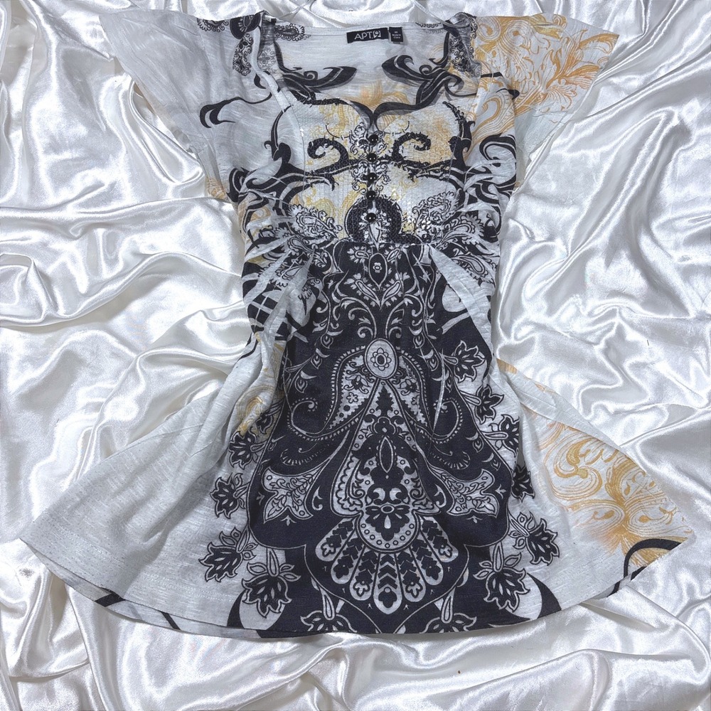 y2k Tunic Top White Excellent Apt. 9 Paisley Sequin Embellished Babydoll Shirt
